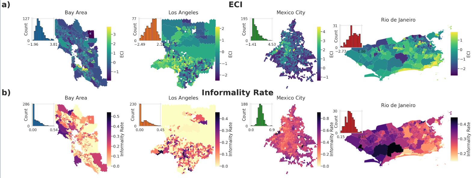 Choropleths of ECI and informality across the four cities