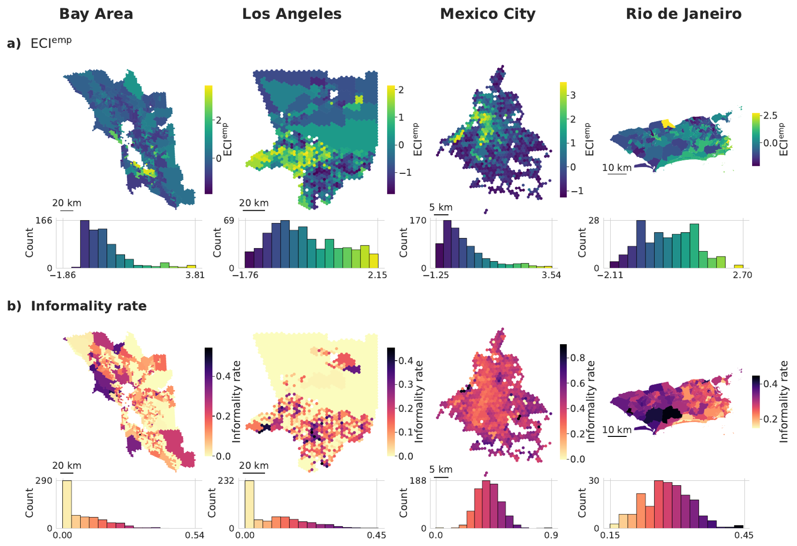 Mapas de complejidad económica e informalidad en el Área de la Bahía, Los Ángeles, la Ciudad de México y Río de Janeiro