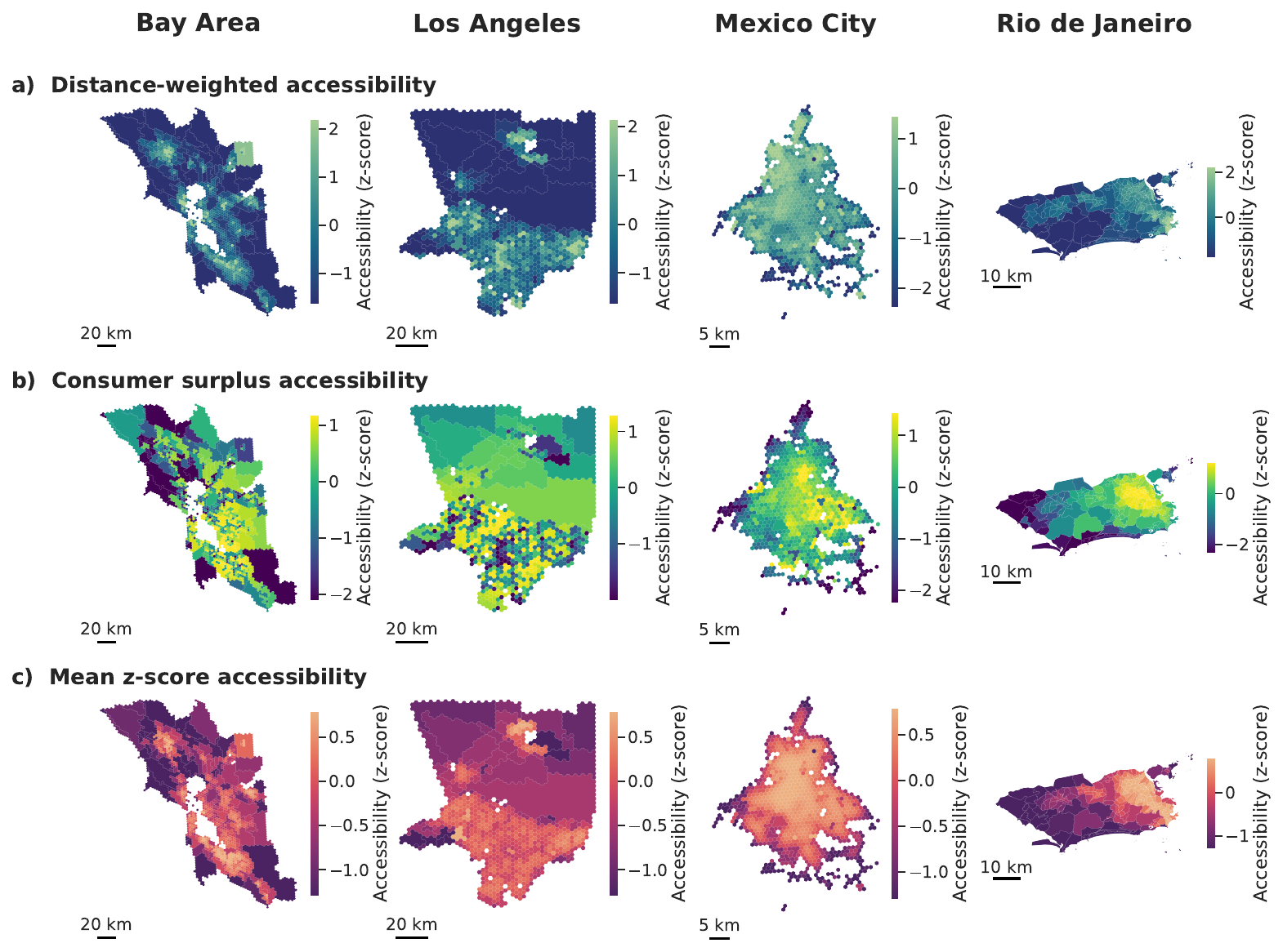 Mapas de accesibilidad por distancia, por excedente del consumidor y combinada en las cuatro ciudades